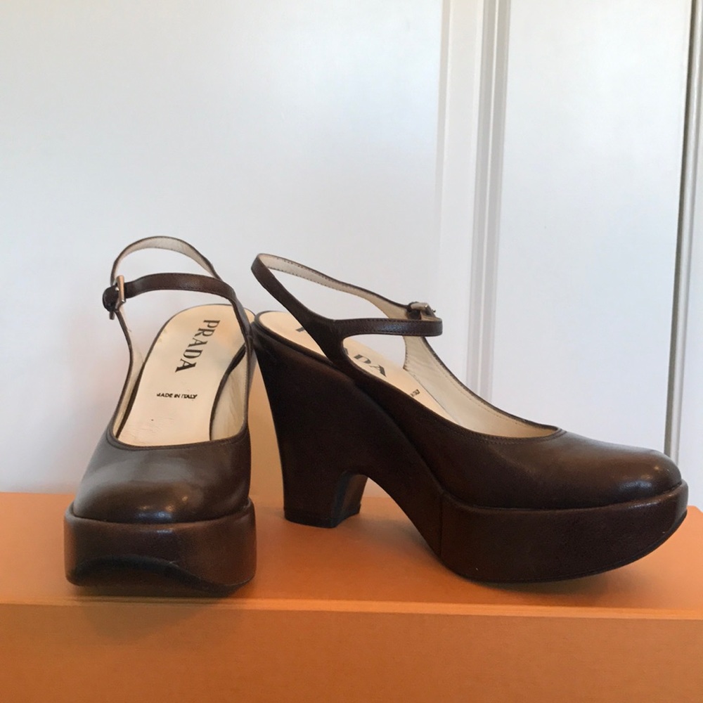 Prada Sling Back Platform Heel Brown